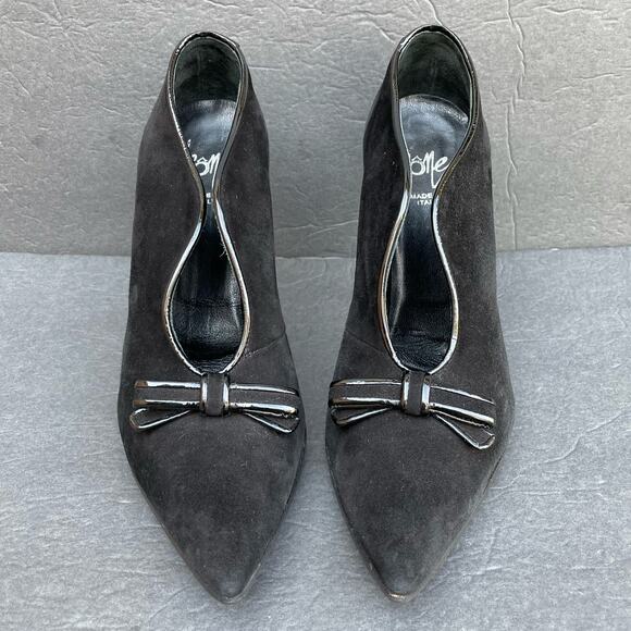 Vintage Icone Black Suede Heels 38.5/US 7.5 Italy Patent Bow 90s - Picture 3 of 10